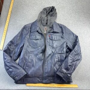 Levi's Men's Faux Leather Hooded Trucker Jacket Size M Navy Blue Hooded Zip Jack